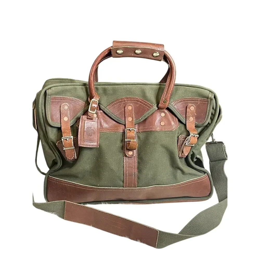 Vintage Army Green With Brown‎ Leather Trim Duffle Bag